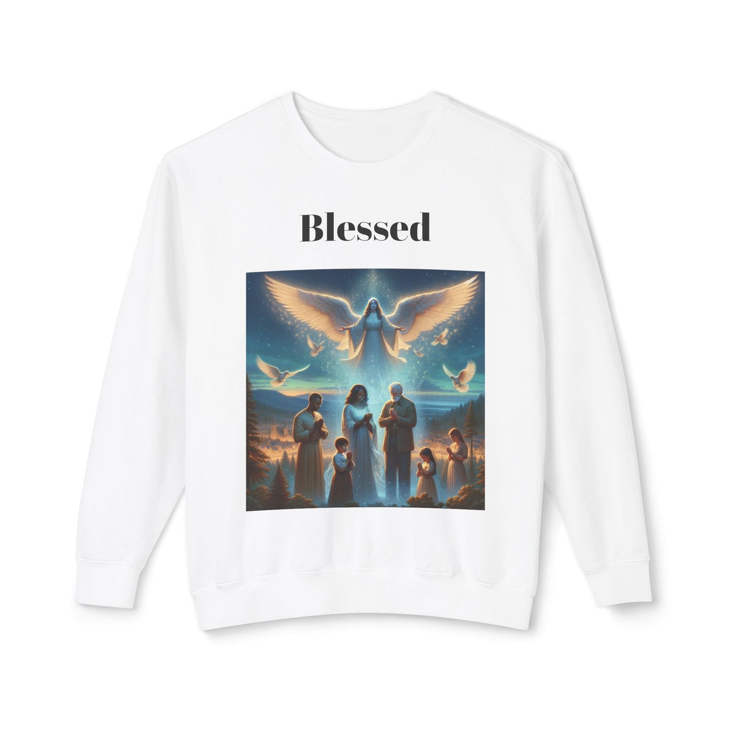 Praying Family Crewneck SweatshirtLeanne Roberts DesignsAngel Watching over Praying Family Crewneck SweatshirtIndulge in luxury with our Angel Watching over Praying Family Crewneck Sweatshirt. A delicate depiction of an angel watching over a praying family brings a sense of 