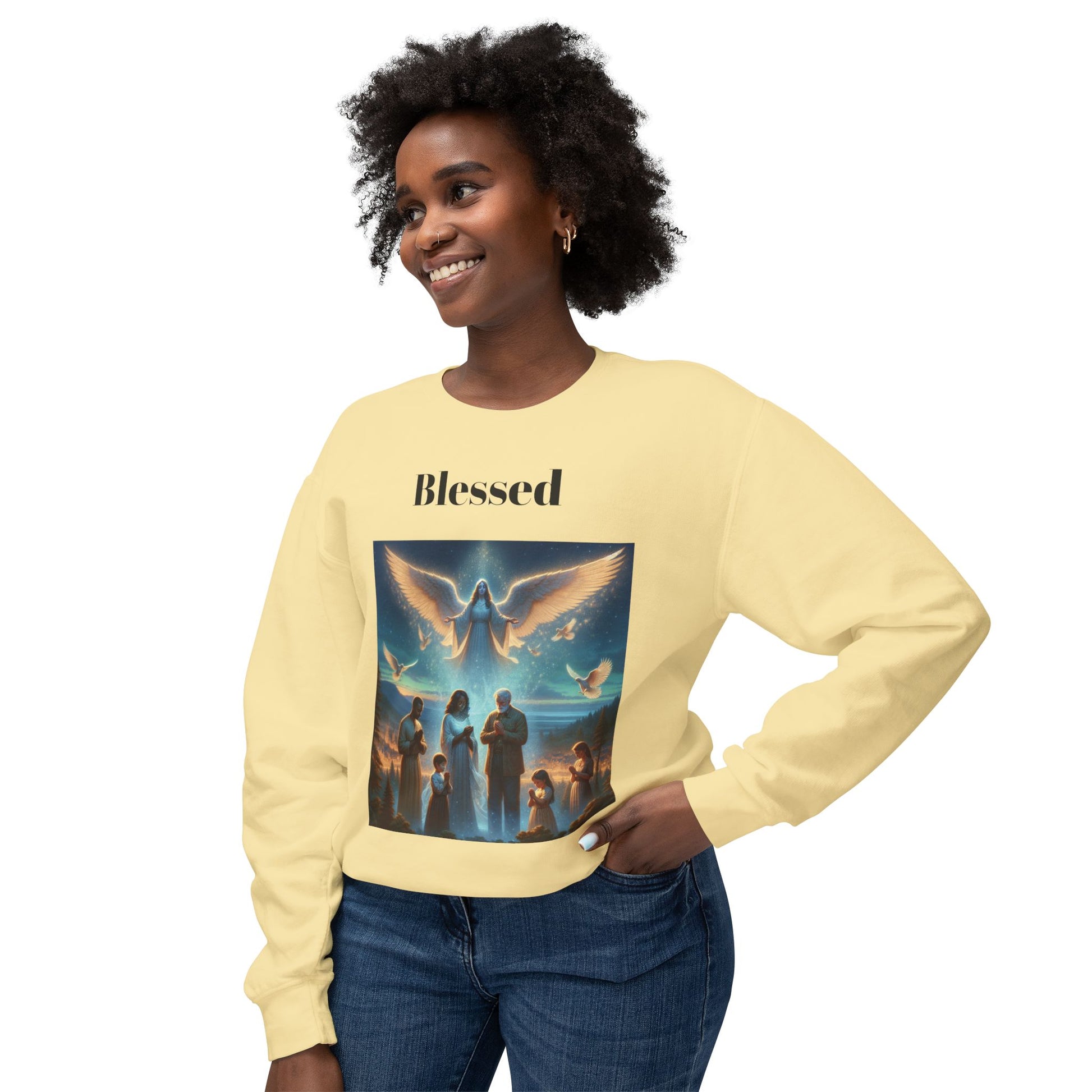 Praying Family Crewneck SweatshirtLeanne Roberts DesignsAngel Watching over Praying Family Crewneck SweatshirtIndulge in luxury with our Angel Watching over Praying Family Crewneck Sweatshirt. A delicate depiction of an angel watching over a praying family brings a sense of 