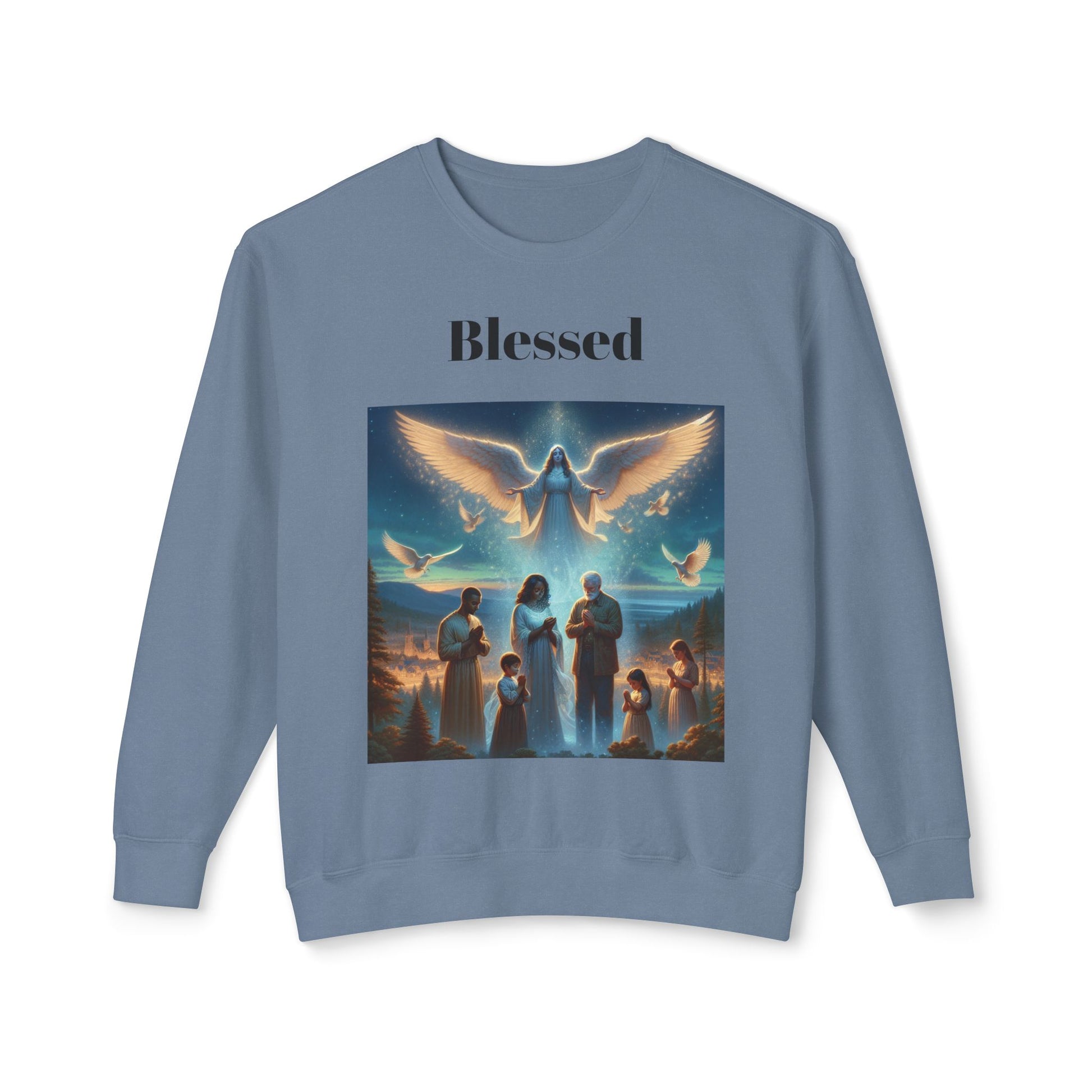 Praying Family Crewneck SweatshirtLeanne Roberts DesignsAngel Watching over Praying Family Crewneck SweatshirtIndulge in luxury with our Angel Watching over Praying Family Crewneck Sweatshirt. A delicate depiction of an angel watching over a praying family brings a sense of 