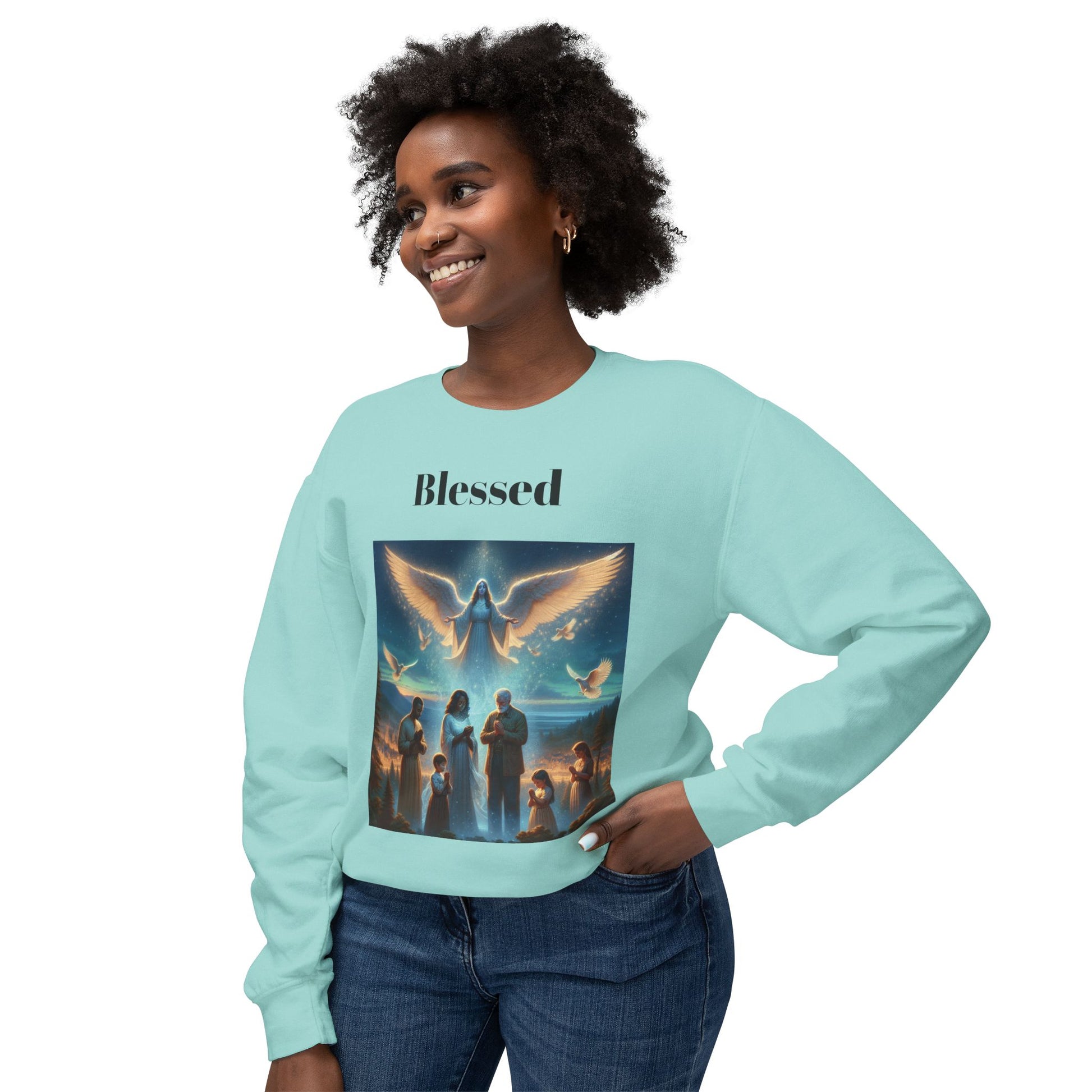 Praying Family Crewneck SweatshirtLeanne Roberts DesignsAngel Watching over Praying Family Crewneck SweatshirtIndulge in luxury with our Angel Watching over Praying Family Crewneck Sweatshirt. A delicate depiction of an angel watching over a praying family brings a sense of 