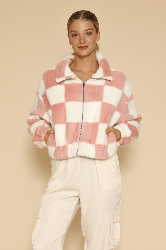 Fuzzy checkered zip front jacketLeanne Roberts DesignsFuzzy checkered zip front jacket*Exclusive In-House Design*-Fuzzy checker jacket-Zip front closure-Collar-All original designMade In: China