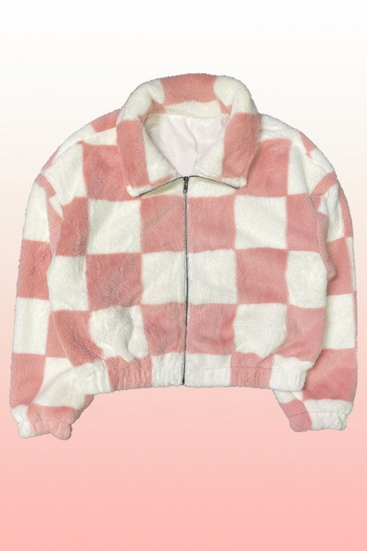 Fuzzy checkered zip front jacketLeanne Roberts DesignsFuzzy checkered zip front jacket*Exclusive In-House Design*-Fuzzy checker jacket-Zip front closure-Collar-All original designMade In: China