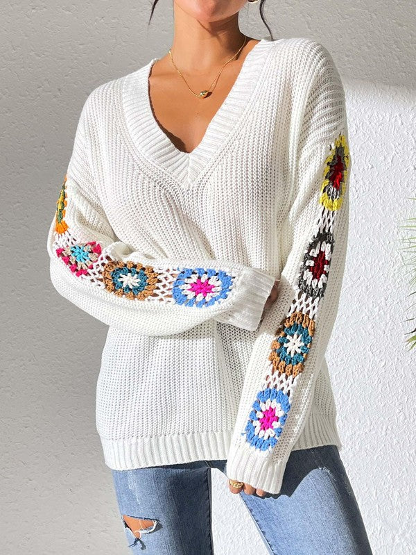 neck crochet sleeve sweaterLeanne Roberts DesignsV neck crochet sleeve sweaterElevate your style game with this cozy and stylish V neck crochet sleeve sweater. Its fashionable flair and comfortable design make it a must-have for any wardrobe, 