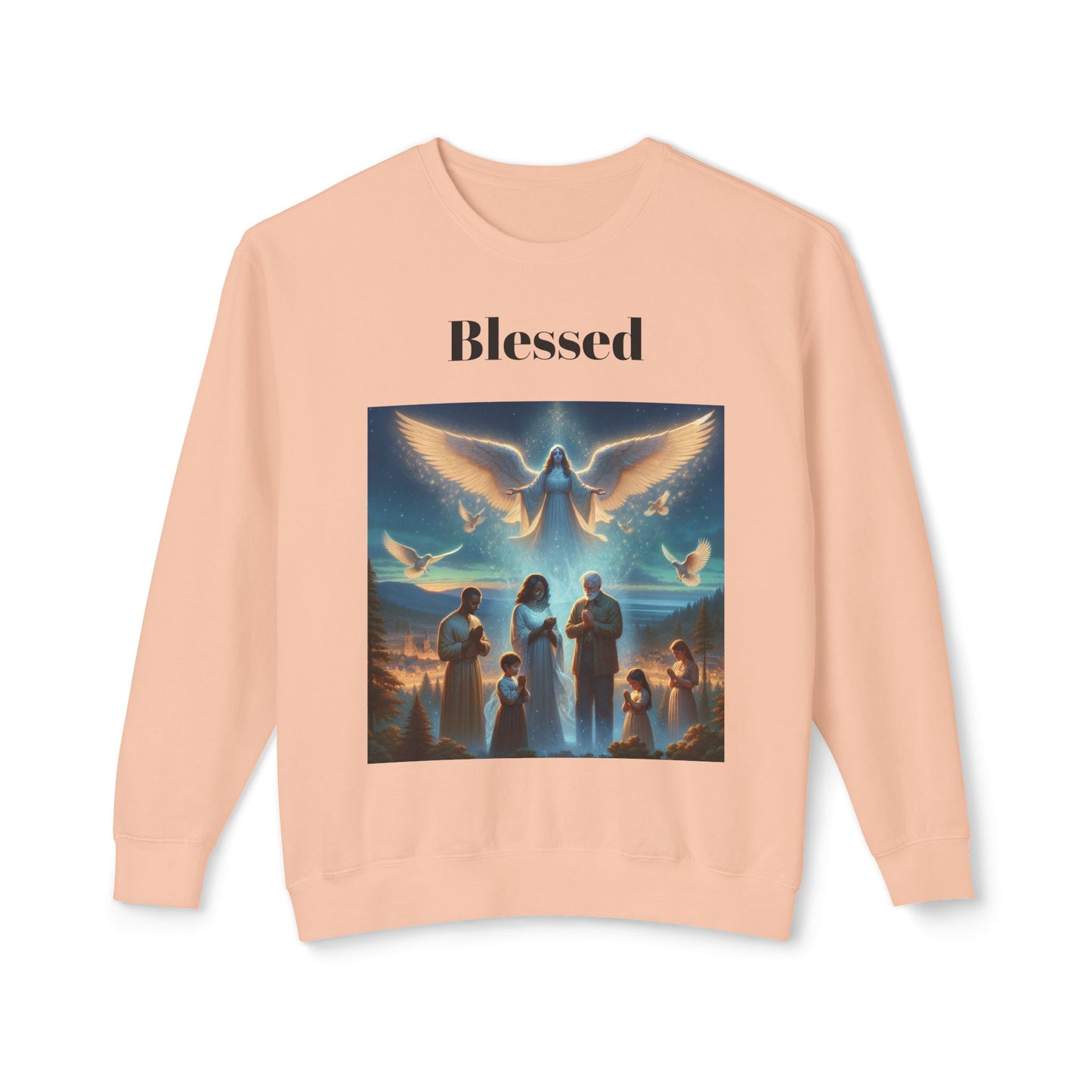 Praying Family Crewneck SweatshirtLeanne Roberts DesignsAngel Watching over Praying Family Crewneck SweatshirtIndulge in luxury with our Angel Watching over Praying Family Crewneck Sweatshirt. A delicate depiction of an angel watching over a praying family brings a sense of 