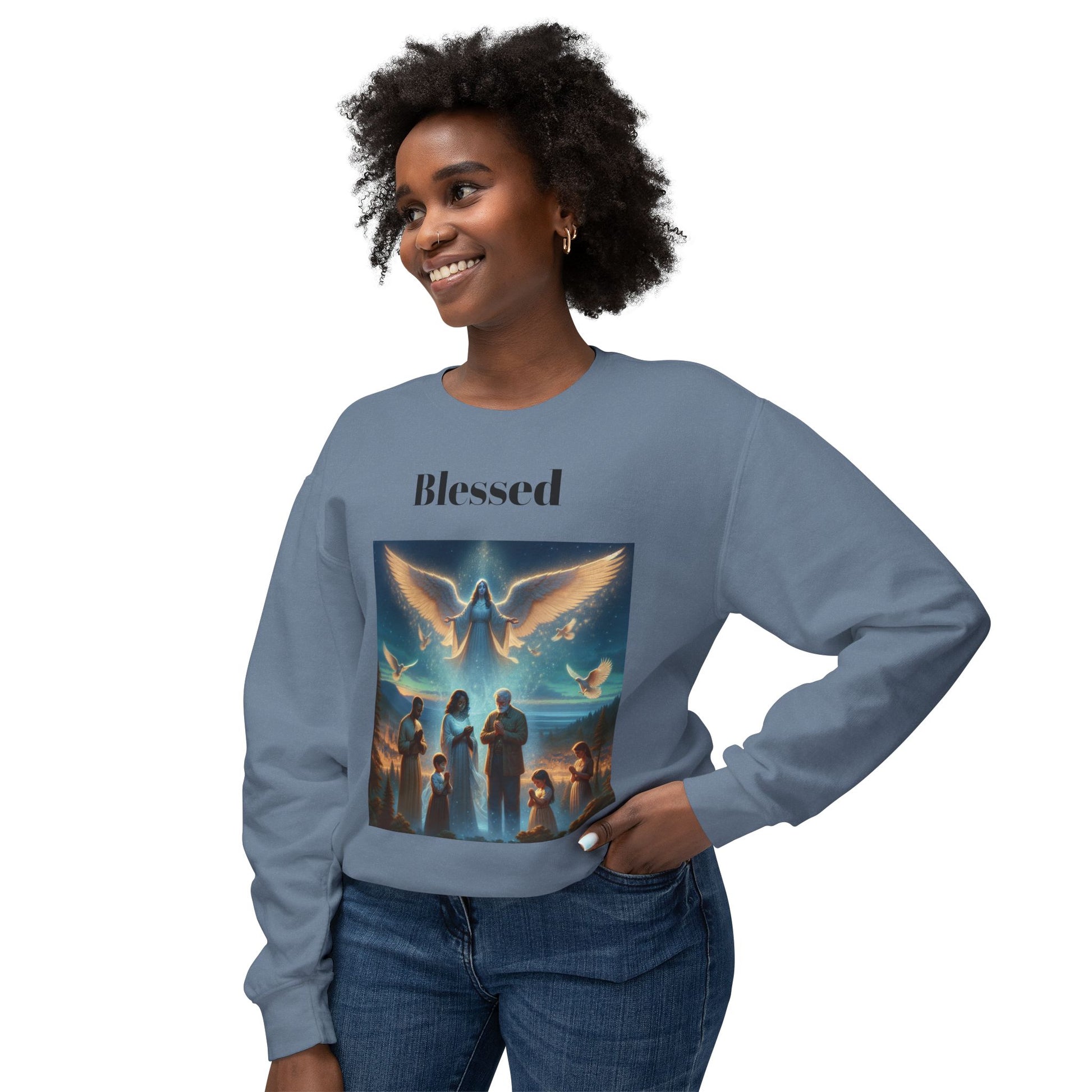 Praying Family Crewneck SweatshirtLeanne Roberts DesignsAngel Watching over Praying Family Crewneck SweatshirtIndulge in luxury with our Angel Watching over Praying Family Crewneck Sweatshirt. A delicate depiction of an angel watching over a praying family brings a sense of 