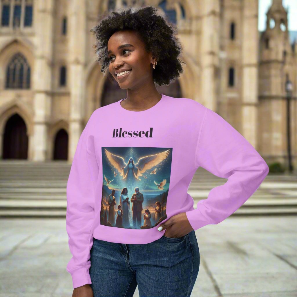 Praying Family Crewneck SweatshirtLeanne Roberts DesignsAngel Watching over Praying Family Crewneck SweatshirtIndulge in luxury with our Angel Watching over Praying Family Crewneck Sweatshirt. A delicate depiction of an angel watching over a praying family brings a sense of 