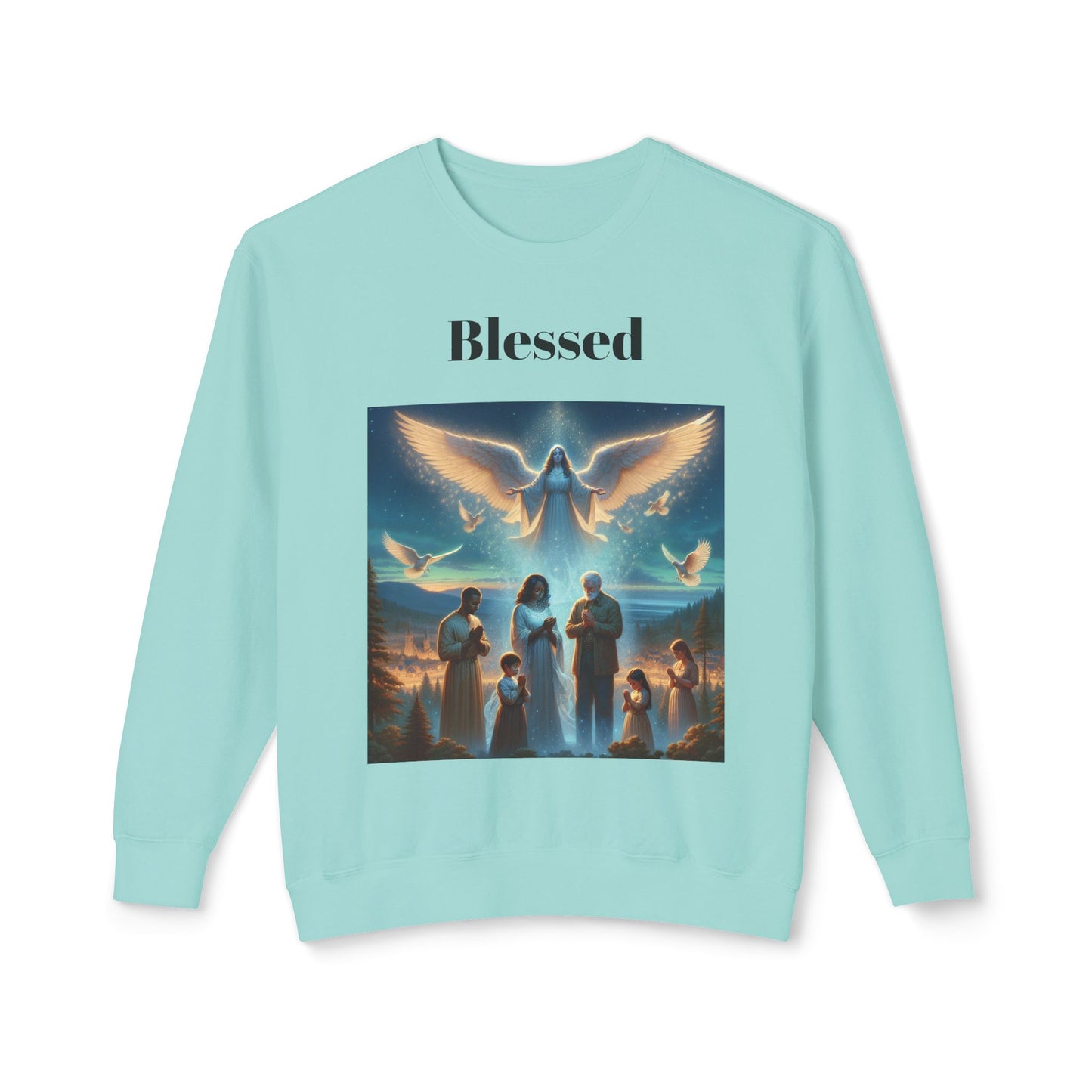 Praying Family Crewneck SweatshirtLeanne Roberts DesignsAngel Watching over Praying Family Crewneck SweatshirtIndulge in luxury with our Angel Watching over Praying Family Crewneck Sweatshirt. A delicate depiction of an angel watching over a praying family brings a sense of 