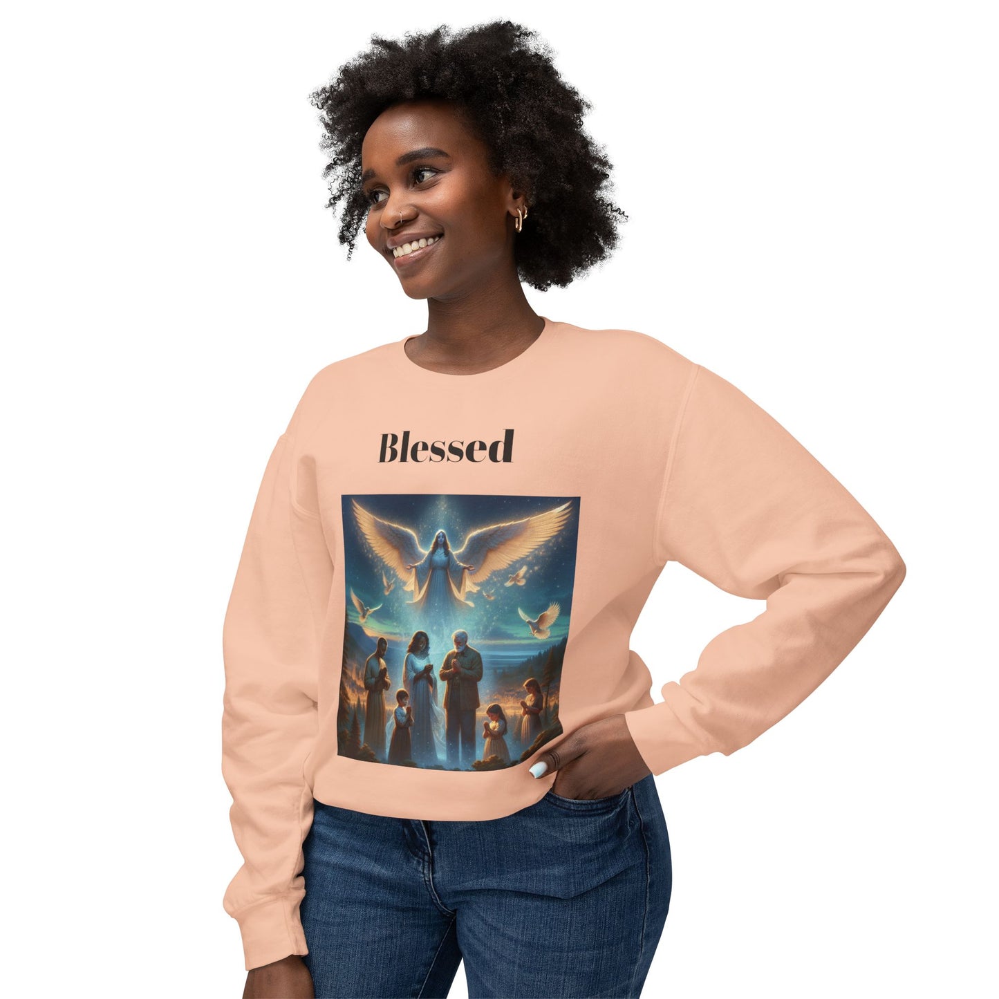 Praying Family Crewneck SweatshirtLeanne Roberts DesignsAngel Watching over Praying Family Crewneck SweatshirtIndulge in luxury with our Angel Watching over Praying Family Crewneck Sweatshirt. A delicate depiction of an angel watching over a praying family brings a sense of 