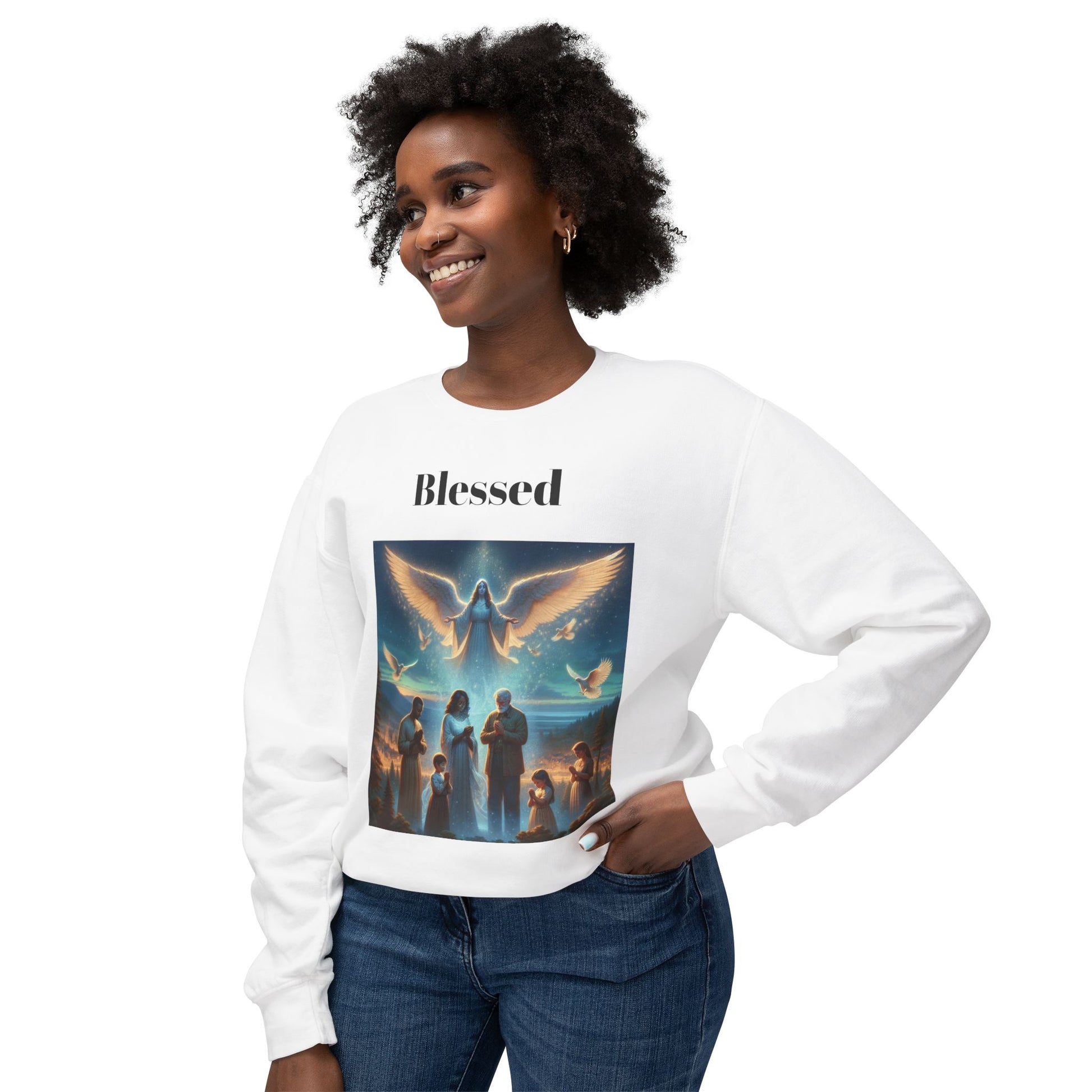 Praying Family Crewneck SweatshirtLeanne Roberts DesignsAngel Watching over Praying Family Crewneck SweatshirtIndulge in luxury with our Angel Watching over Praying Family Crewneck Sweatshirt. A delicate depiction of an angel watching over a praying family brings a sense of 